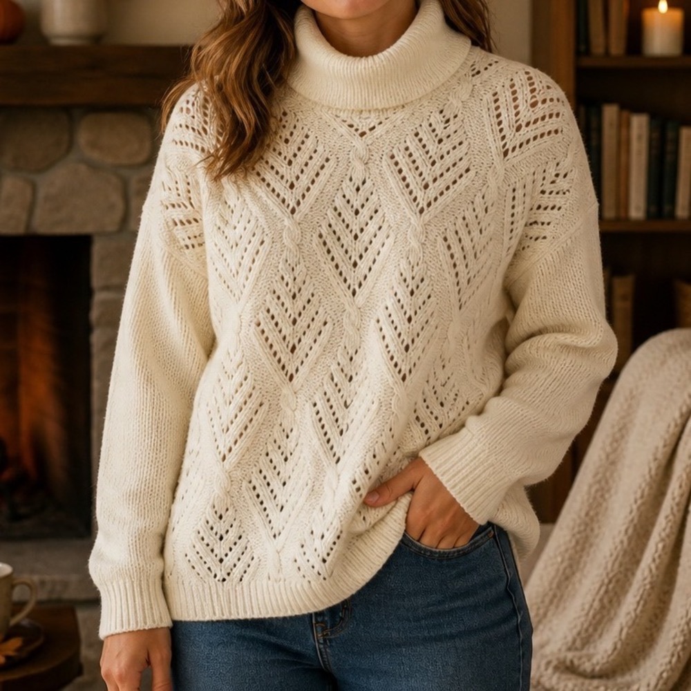 Flora Fedi Sweater Women ML Cream Merino Wool Cashmere Italian Pointelle Knit